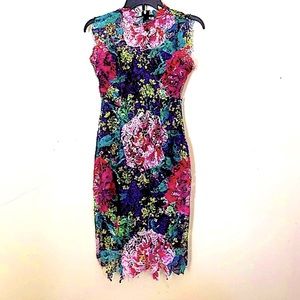 PETITE PAPER DOLLS LONDON BRIGHT FLORAL CROCHET DRESS W/BLACK SLIP-SZ 0